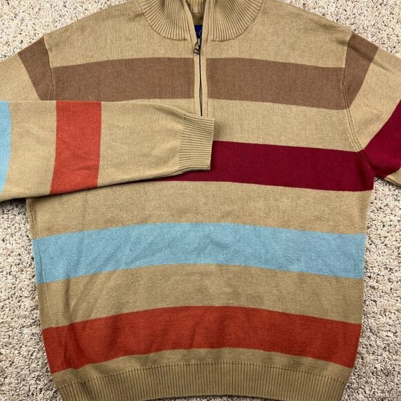 Alan Flusser Sweater Mens Medium All Cotton 1/4 Zip Striped Beige Red Blue - Picture 1 of 6